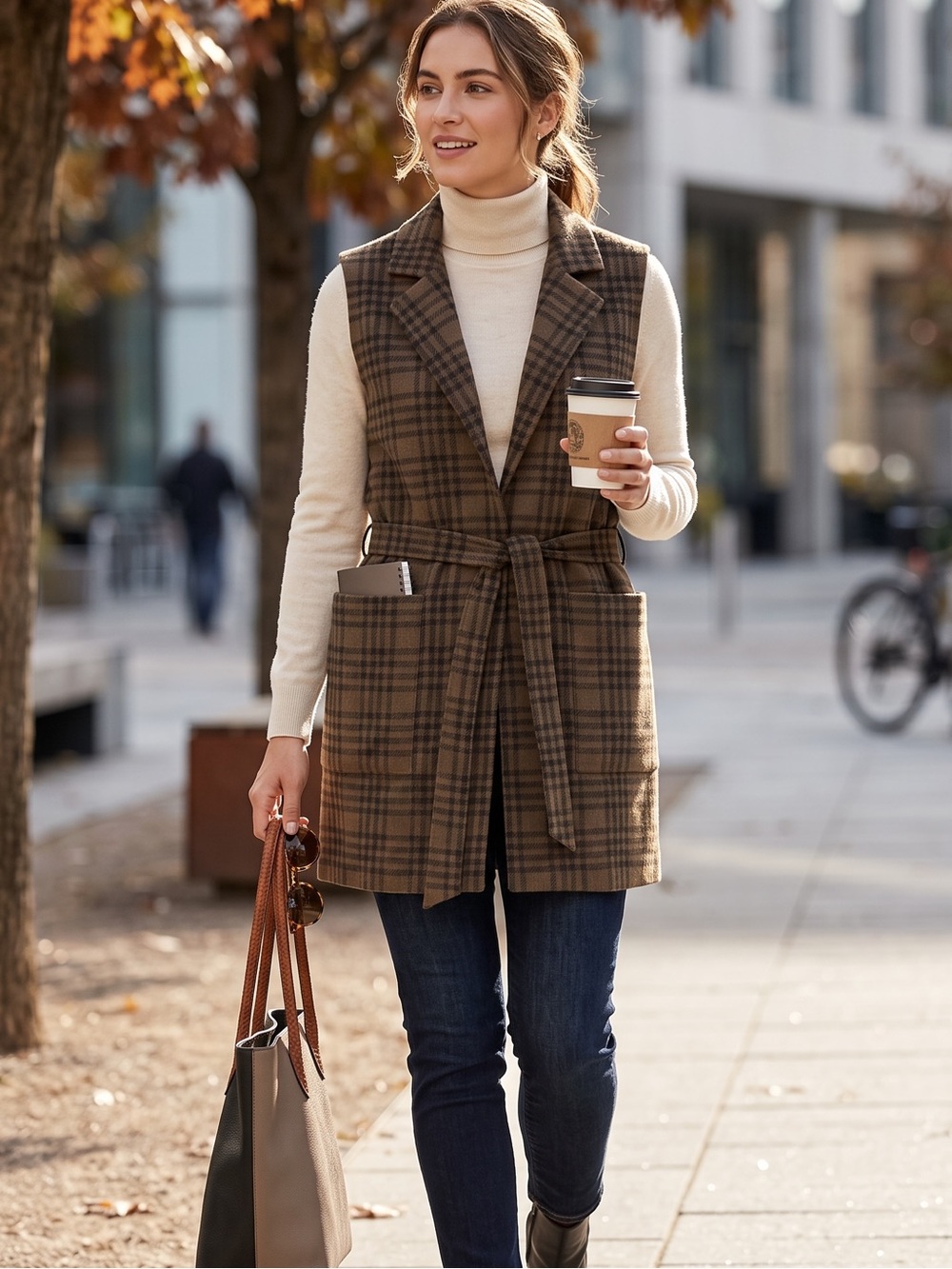 Adrienne Vittadini Brown Plaid Sleeveless Belted Cardigan Vest